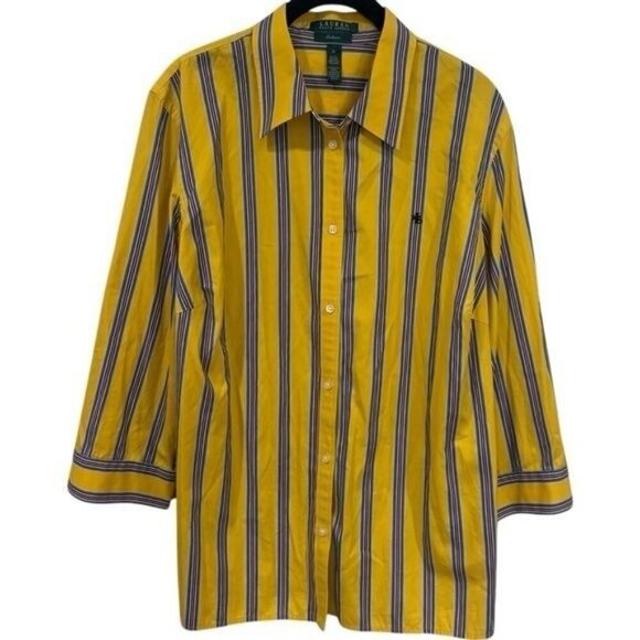 Lauren Ralph Lauren Yellow Striped Boxy Button Down Peasant Bohemian Artsy 1X - Picture 2 of 11